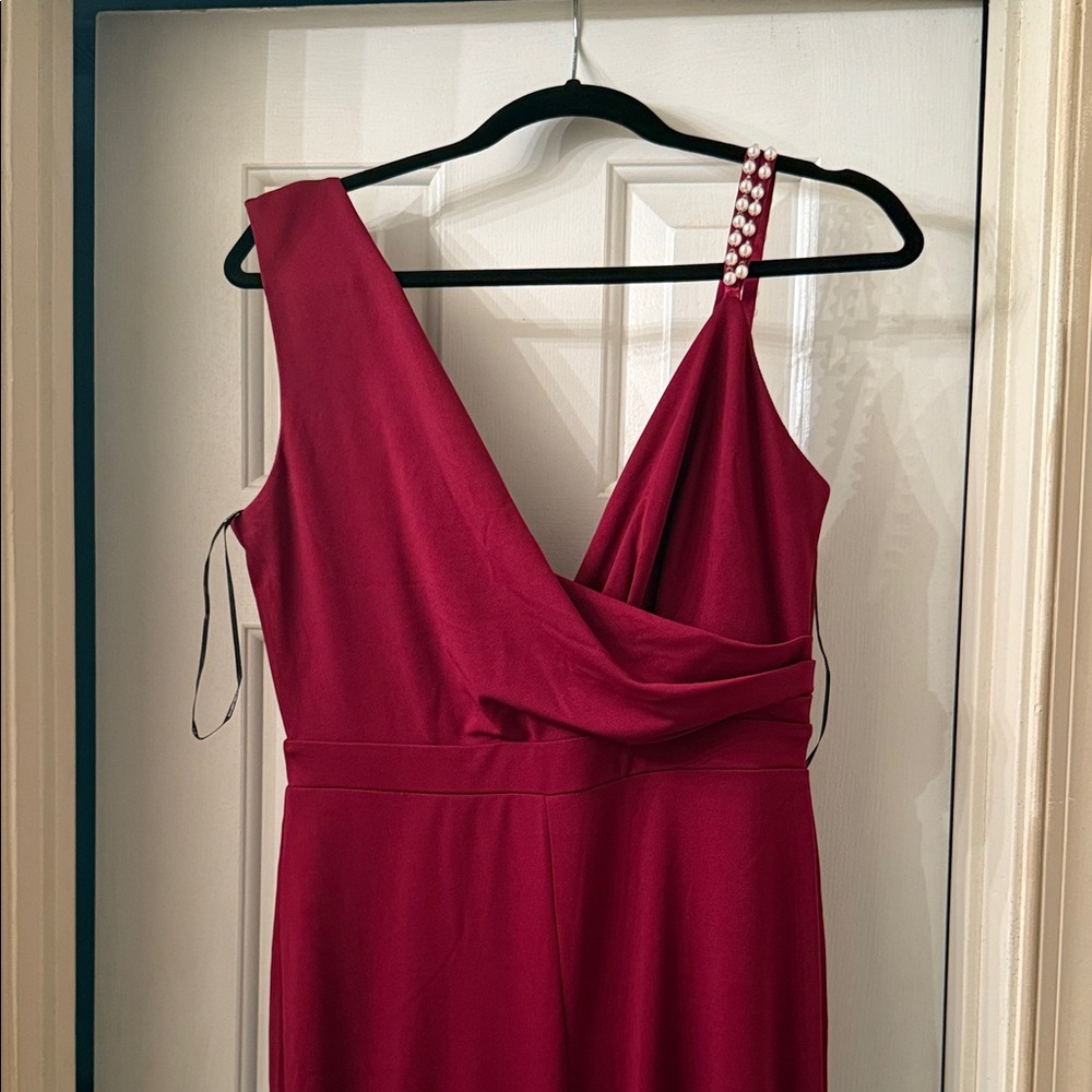 Elegant Red Jumpsuit with Pearl Strap